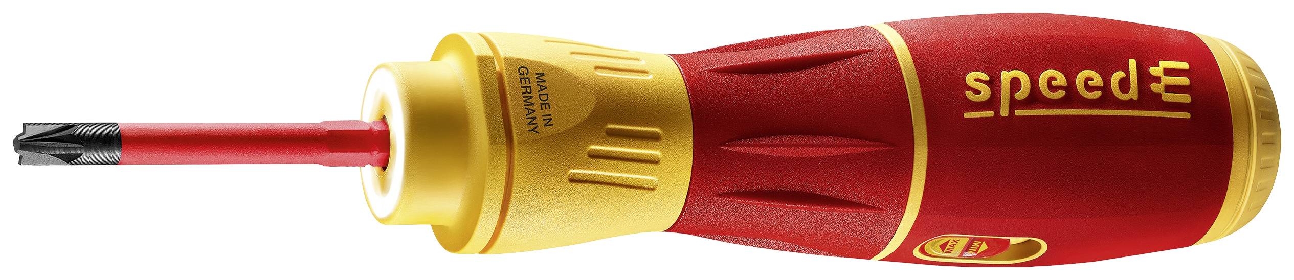 Un cacciavite rosso con impugnatura gialla e la scritta 'speedE', appositamente progettato per lavori elettrici.