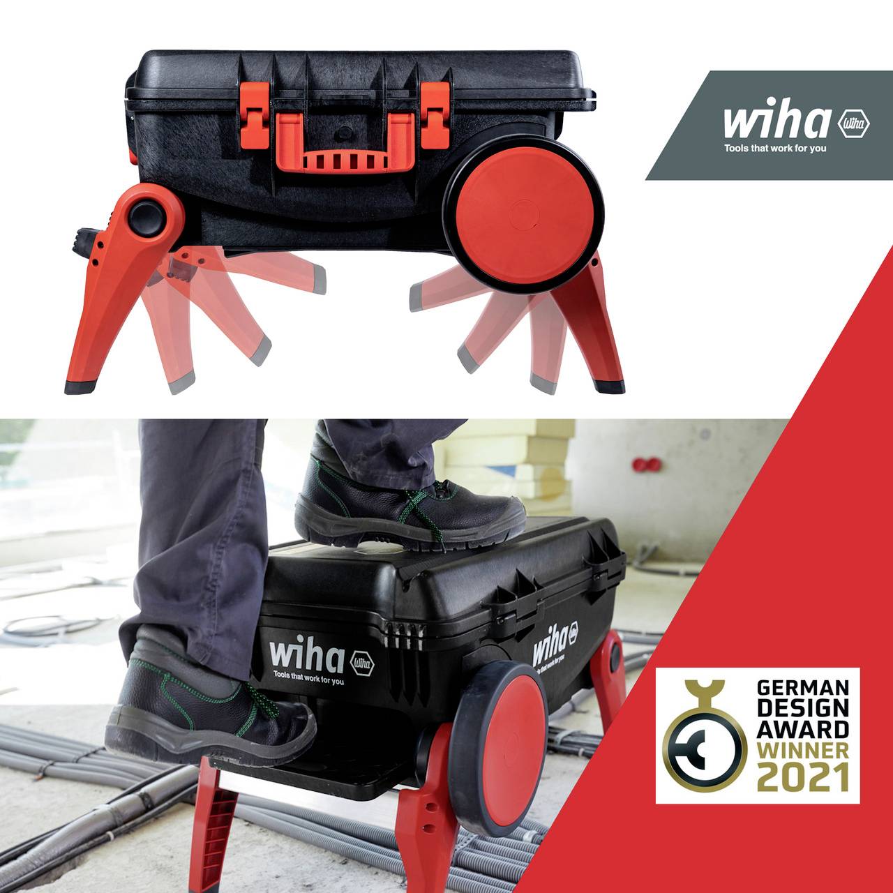 'Valigetta degli attrezzi Wiha come sgabello, nero-rosso, robusta, premiata con il German Design Award 2021, mostra anche l'utilizzo con una persona.'
