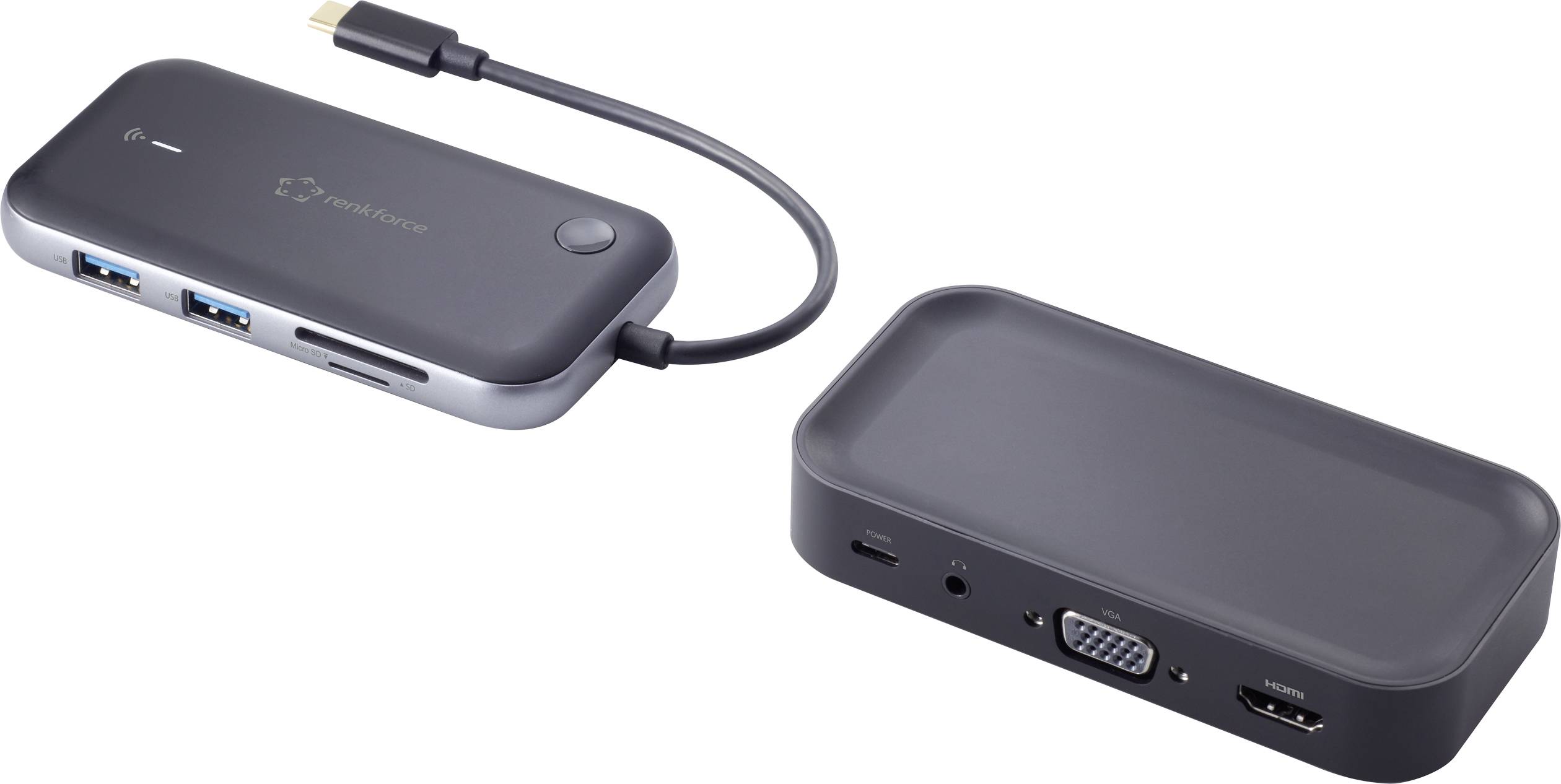 Un hub USB-C con porte HDMI, VGA, USB e un cavo integrato. Adatto per collegare più dispositivi a un laptop.