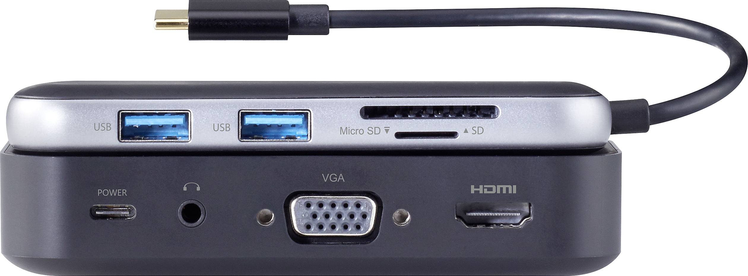 Hub USB-C con porte: due USB 3.0, lettore di schede Micro SD e SD in alto; USB-C, alimentazione, VGA, HDMI in basso.