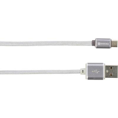 Cavo USB con connettori argentati, un lato USB-C, l'altro lato USB-A. Il cavo è rivestito con una guaina intrecciata bianca.