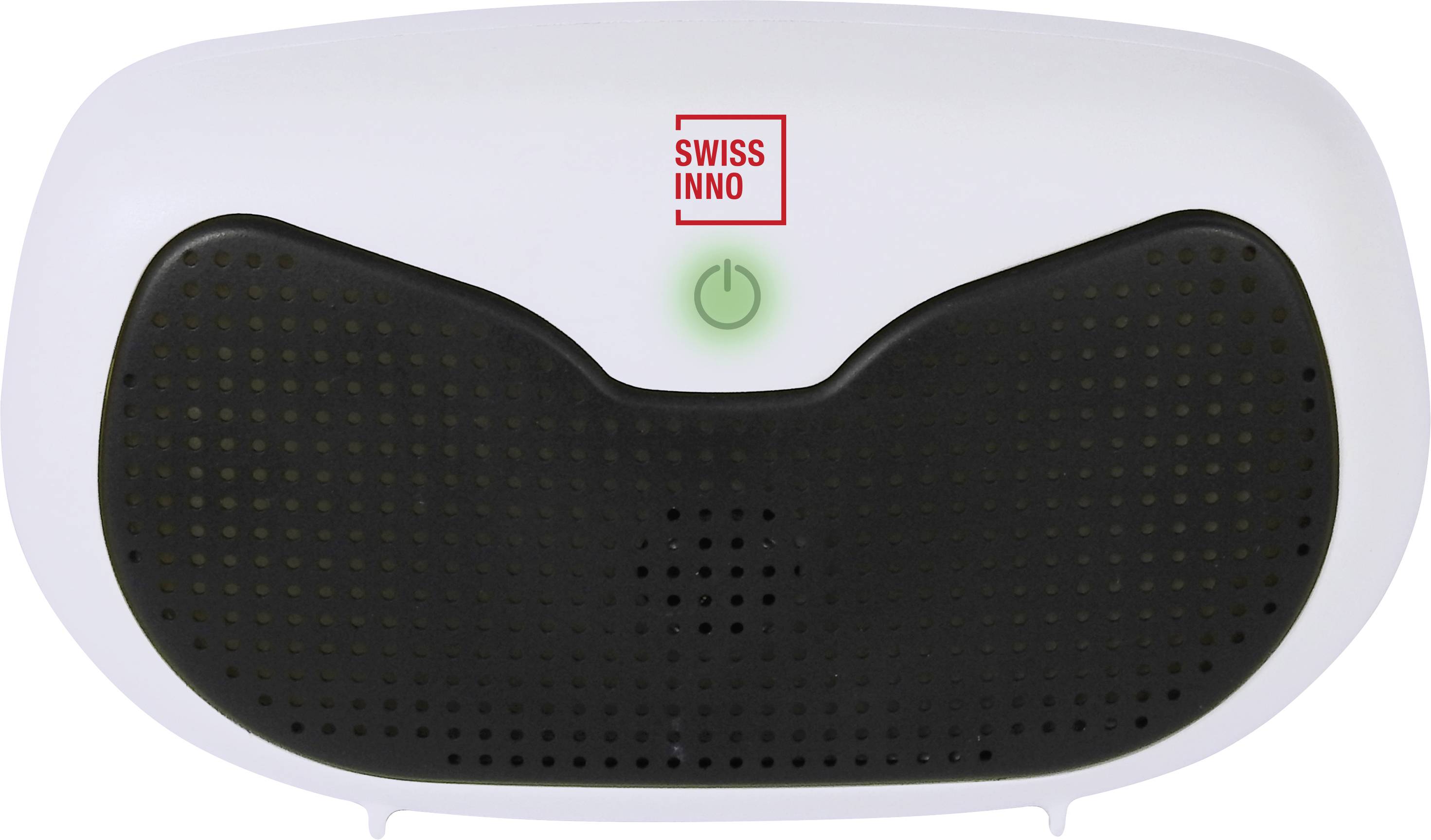 Un dispositivo elettronico con involucro bianco e parte frontale nera, con un interruttore di accensione verde e la scritta 'SWISS INNO'.