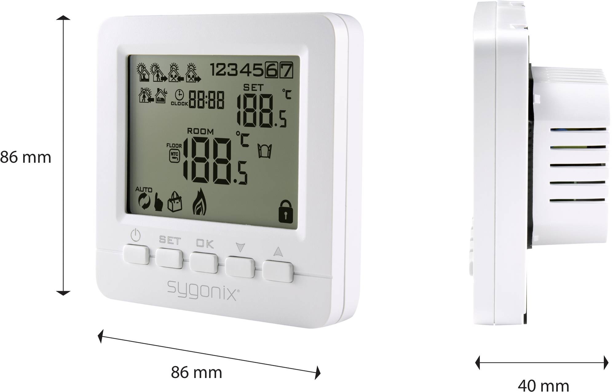 Termostato digitale con display retroilluminato, mostra la temperatura ambiente attuale e impostata. Dimensioni: 86 x 86 x 40 mm.