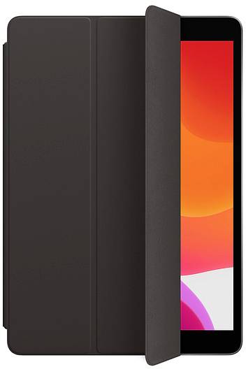 Un tablet con una custodia pieghevole nera. Lo schermo mostra un pattern sfumato arancione e rosa.