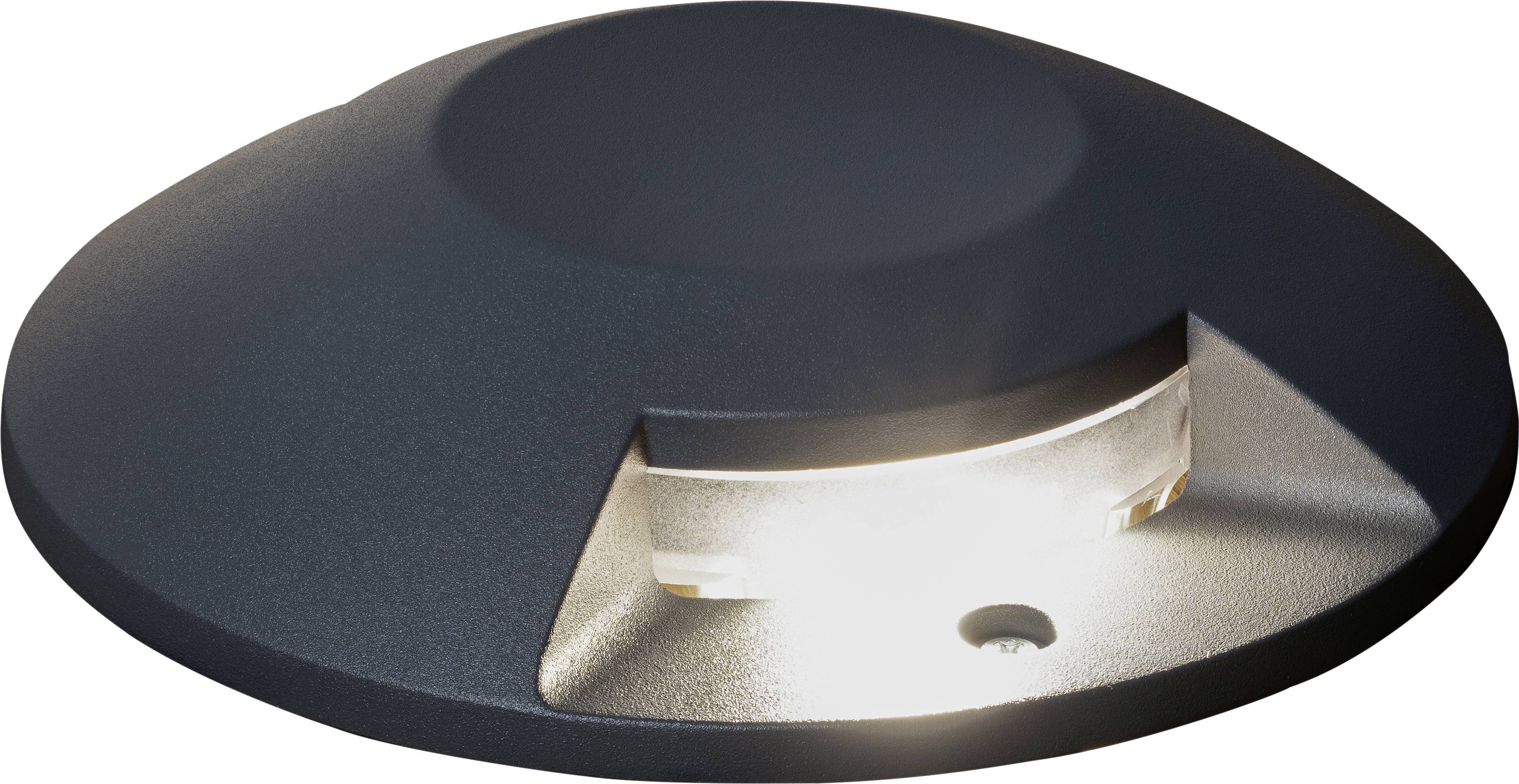 Una plafoniera LED rotonda e piatta da incasso a terra, con un'emissione di luce bianca soffusa, adatta per l'illuminazione esterna.