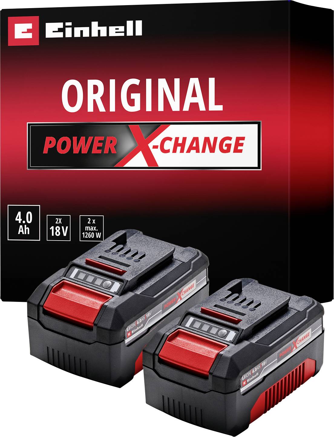 Quattro batterie Einhell PX-C, nere con design rosso, disposte una accanto all'altra in due gruppi di due. Ogni batteria mostra un indicatore LED dello stato di carica.