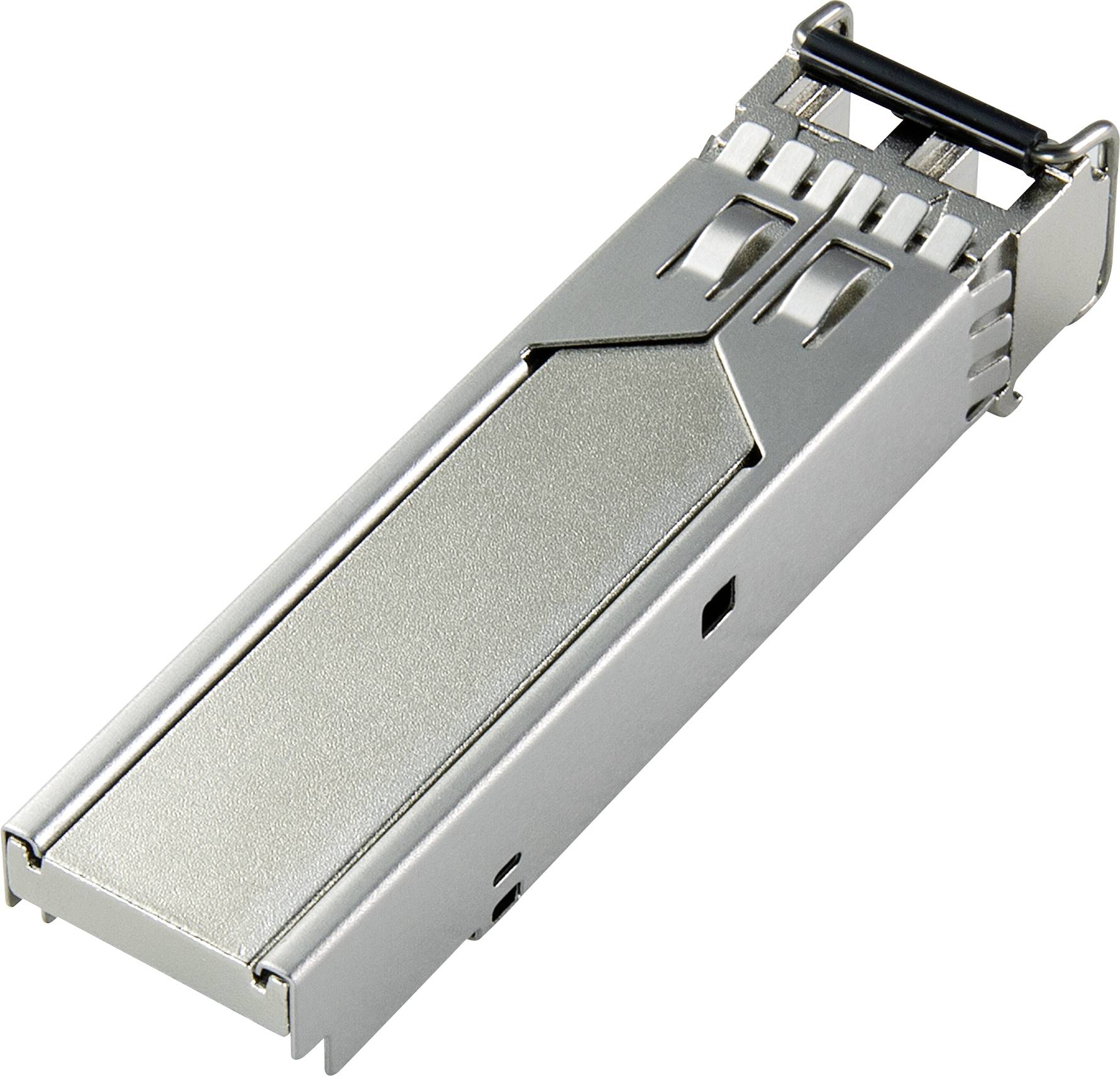 Un modulo transceiver SFP argentato per connessioni di rete; di forma rettangolare con connettori nella parte superiore, destinato alla trasmissione dati nei dispositivi.