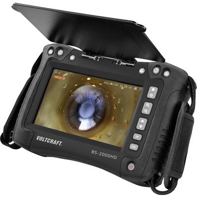 Endoscopio mobile con schermo, modello 'Voltcraft BS-2000HD'. Mostra l'ingrandimento di un oggetto sul display. Comandi di controllo a destra.