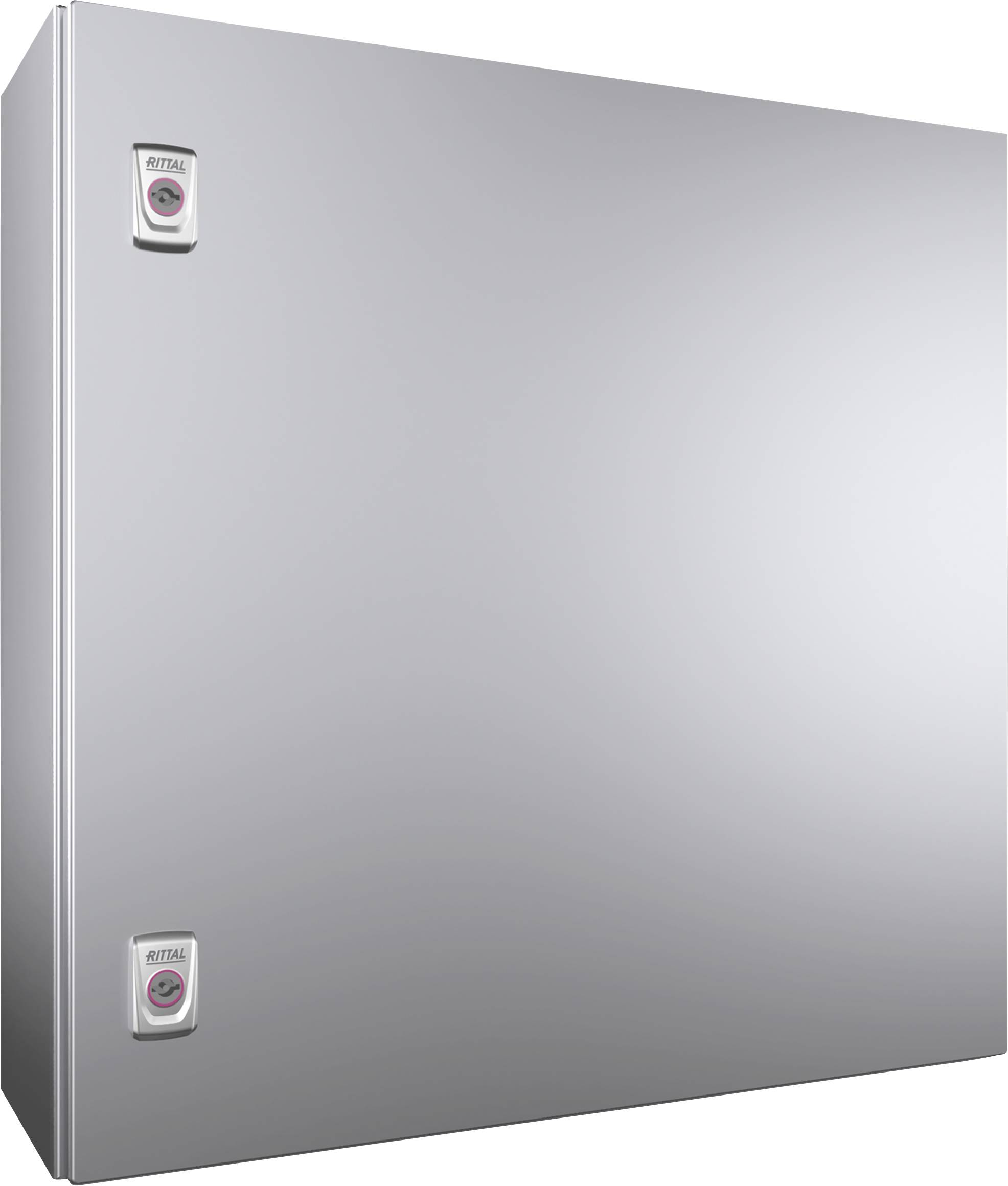 Armadio in metallo argentato con due serrature tonde nell'angolo superiore sinistro. Design semplice e industriale.