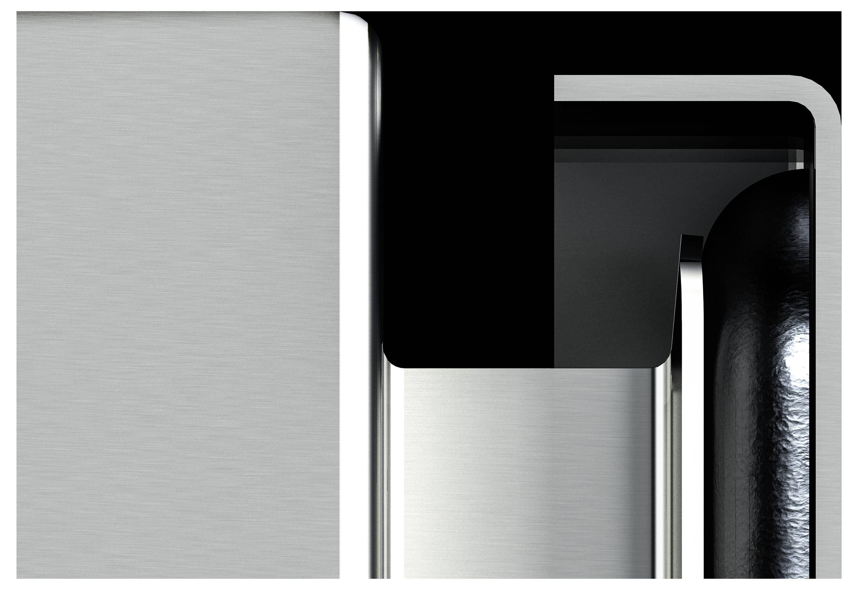 Immagine astratta con forme geometriche in argento e nero. Rettangoli e una superficie curva creano un look moderno e minimalista.