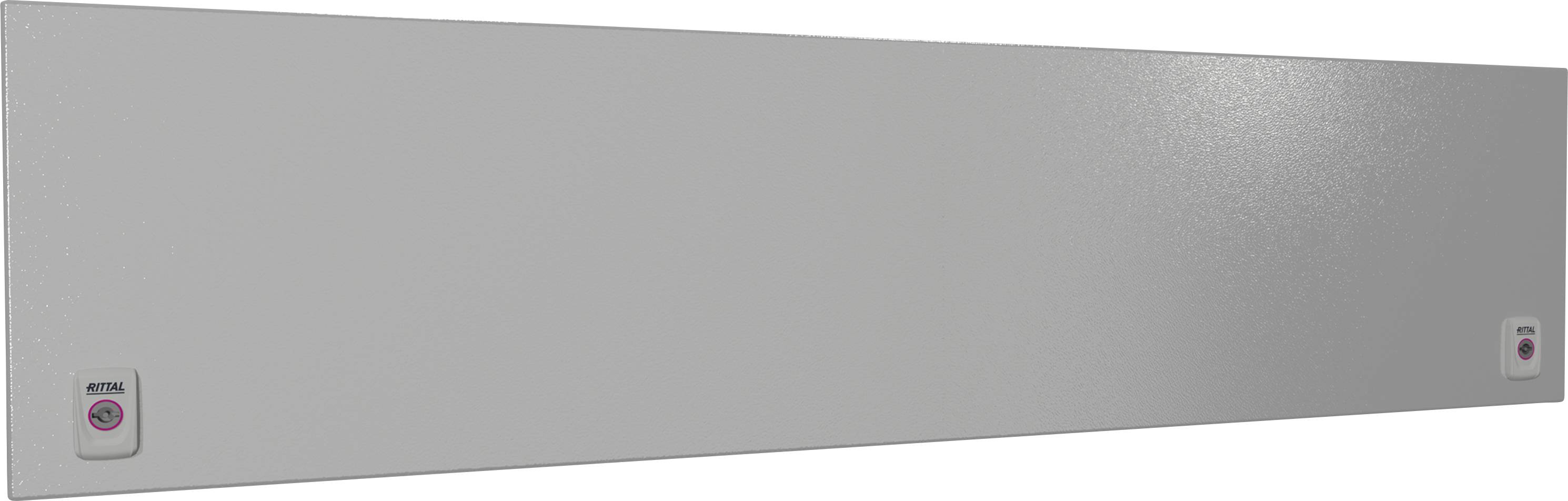 Pannello metallico grigio, rettangolare, con due piccoli bottoni rotondi alle estremità.