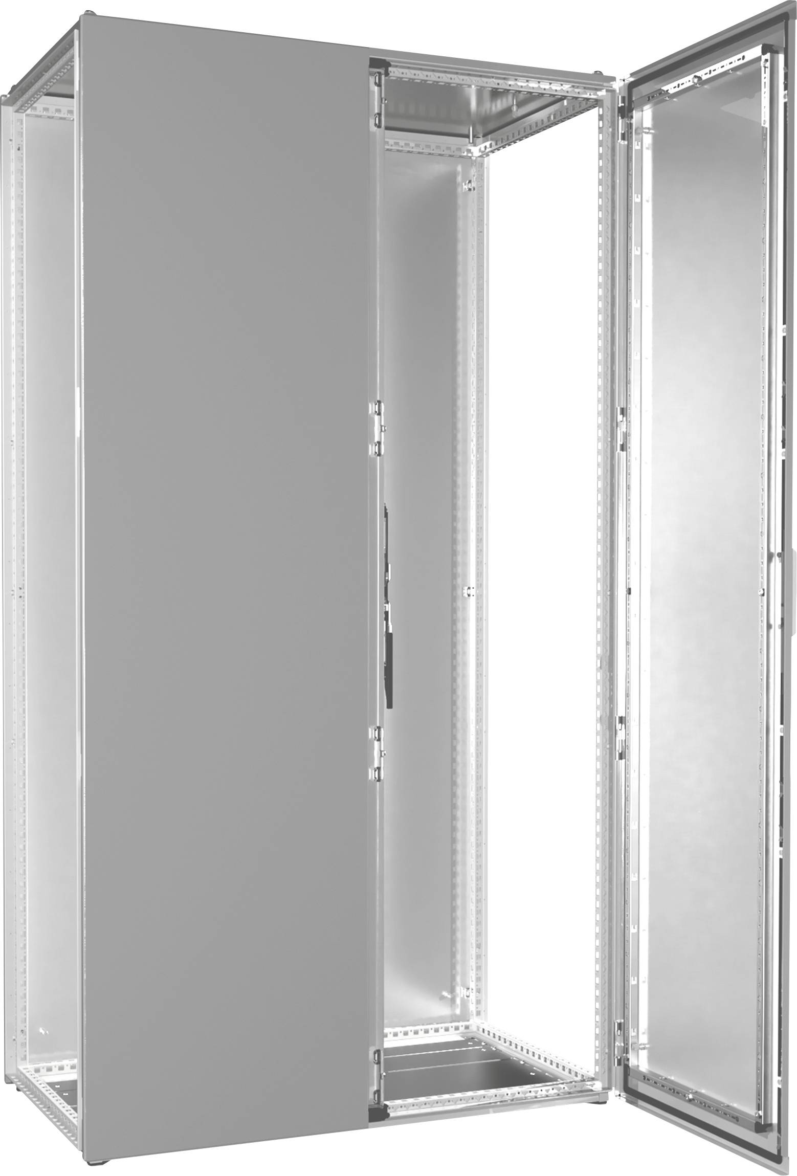 Un armadio elettrico aperto in metallo, nel quale possono essere alloggiate componenti elettriche. Porte e interno visibili.