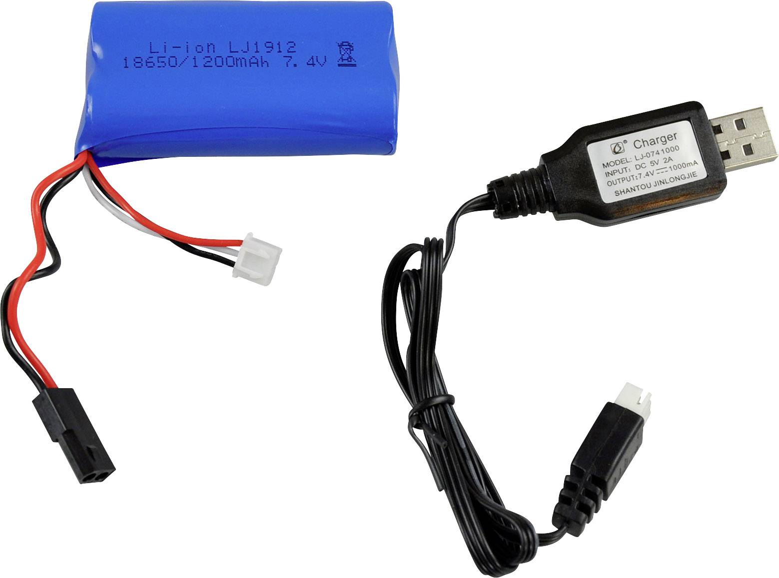 Una batteria agli ioni di litio blu con cavi e un caricabatterie USB.