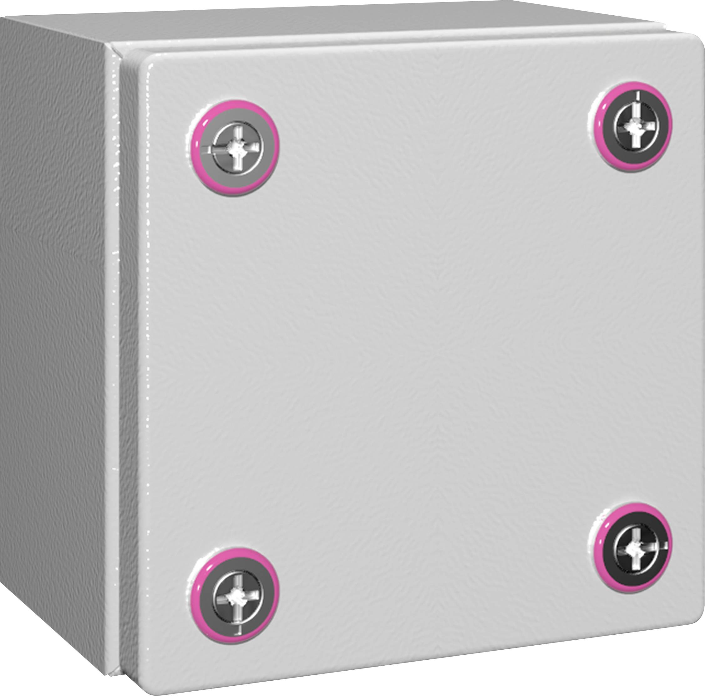 Un involucro metallico grigio quadrato con quattro viti agli angoli. Adatto per la protezione di componenti elettrici.