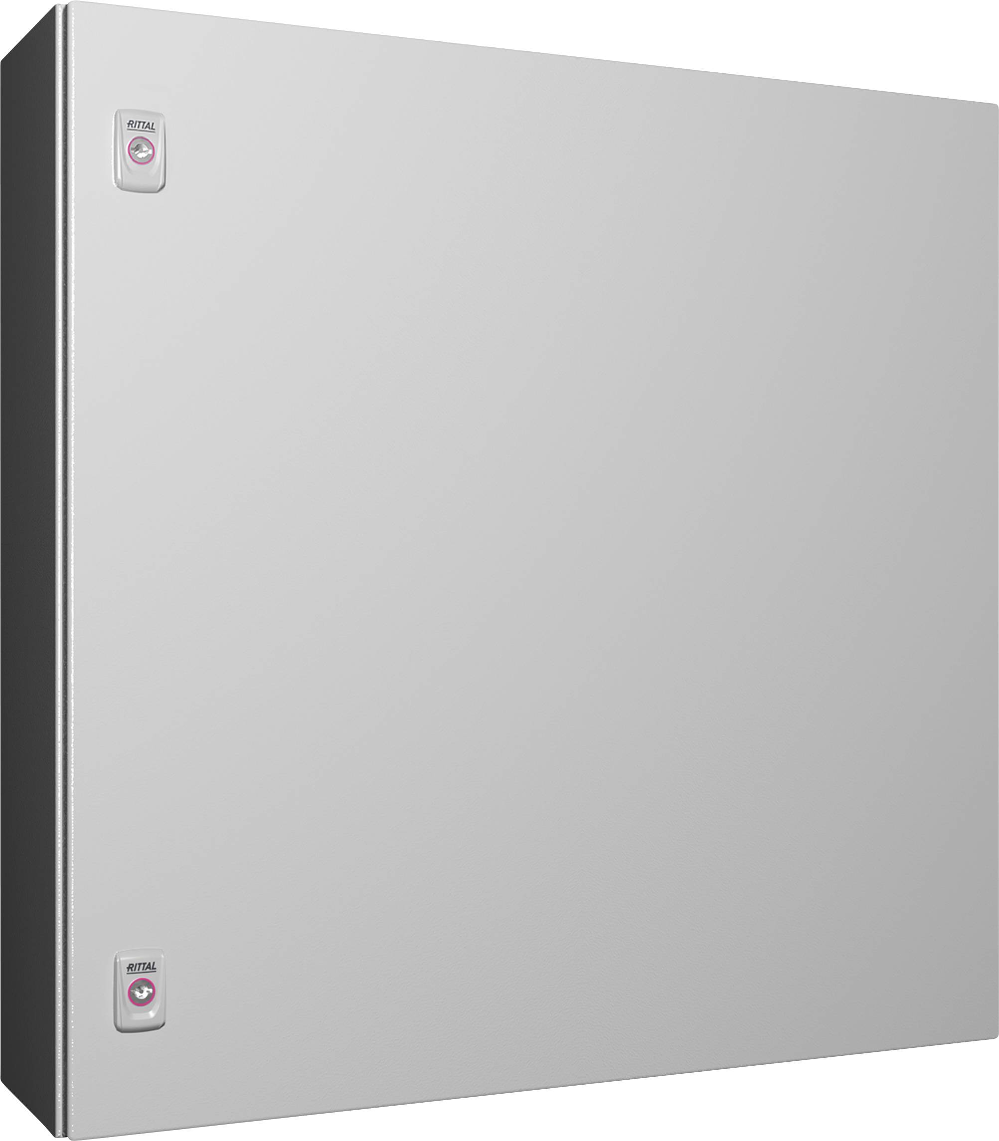 Armadio metallico grigio, rettangolare, con due piccoli bottoni rotondi sul lato sinistro superiore e inferiore. Nessuna decorazione visibile.