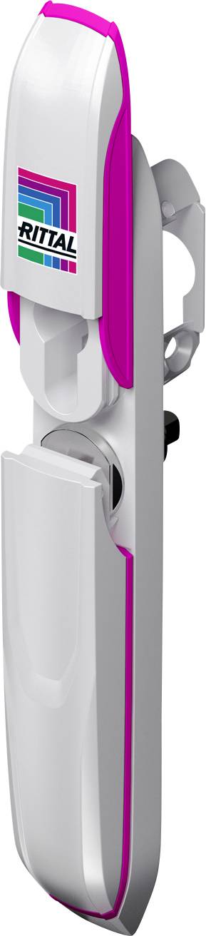 Una maniglia in bianco e rosa con il logo Rittal.