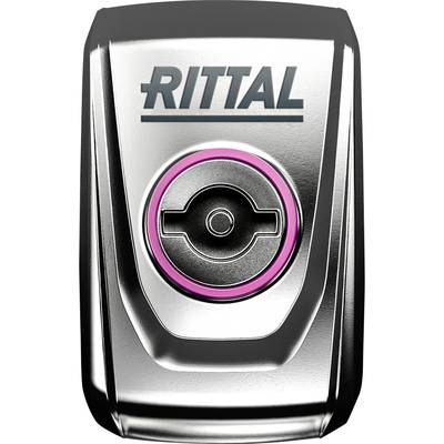 Un bottone metallico lucido con un bordo rosa e la scritta 'RITTAL' sopra.