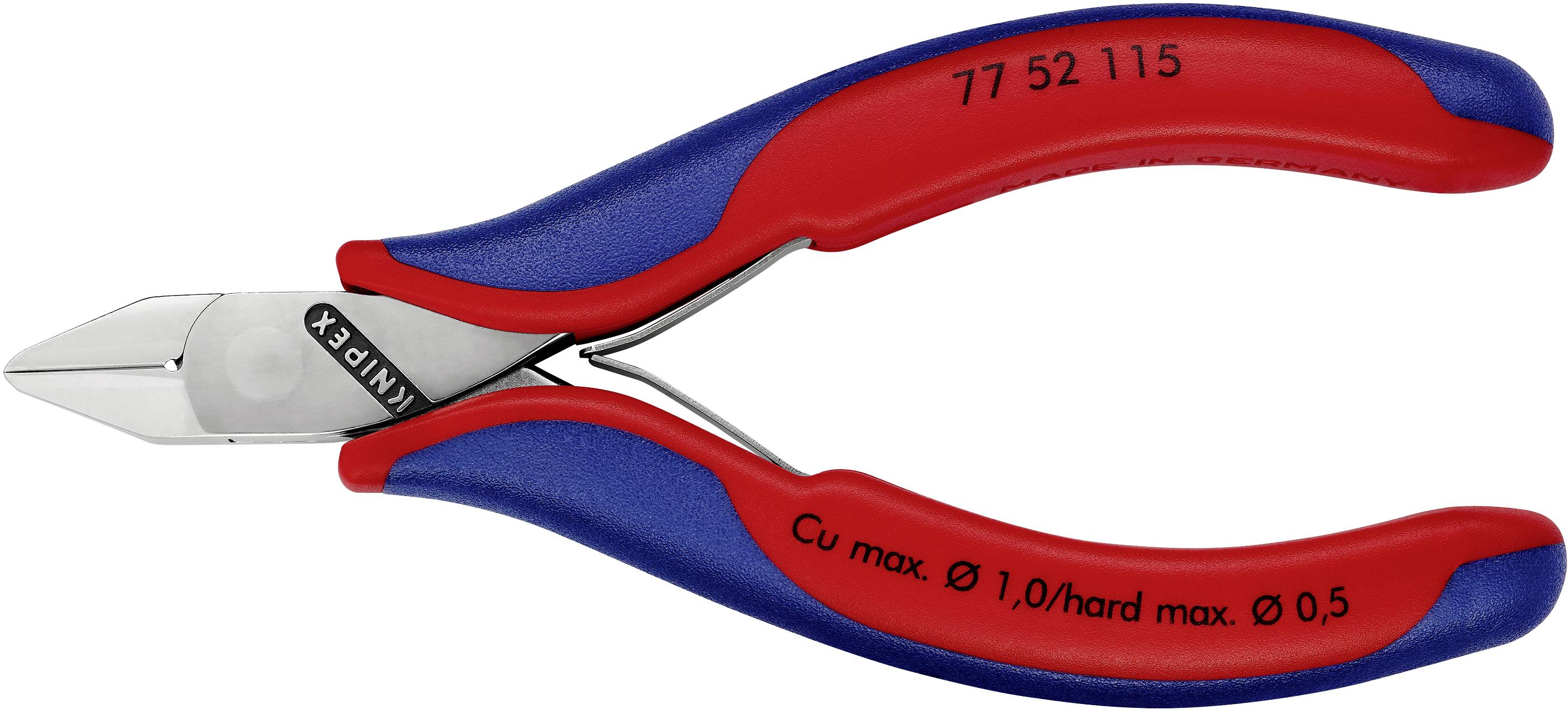 Pinza tronchese con impugnature rosse e blu, adatta per il taglio di fili duri e morbidi, diametro massimo: 1,0 mm.