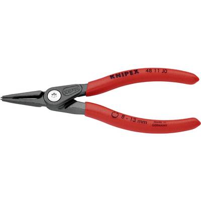 Una pinza rossa KNIPEX, modello 48 11 J0, per anelli di sicurezza da 8-13 mm, prodotta in Germania. Ha ganasce sottili e appuntite.