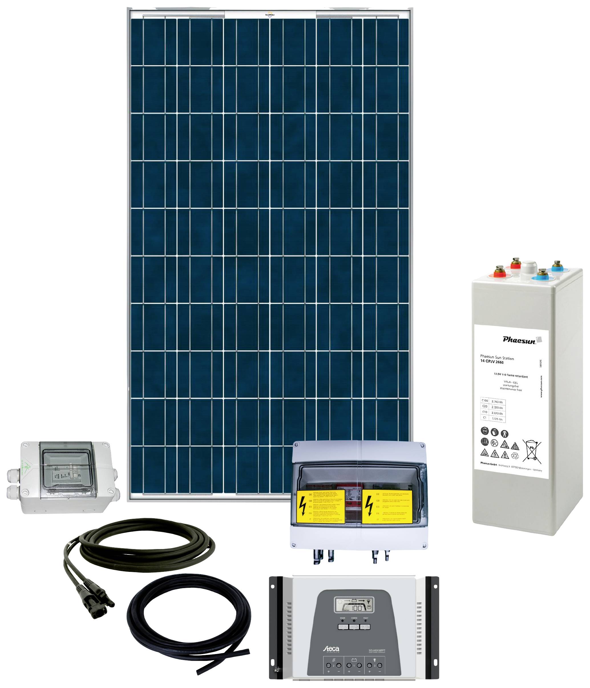 Componenti dell'impianto solare: pannello solare, inverter, batteria, regolatore di carica, cavi e contatore elettrico. Genera e accumula energia solare.