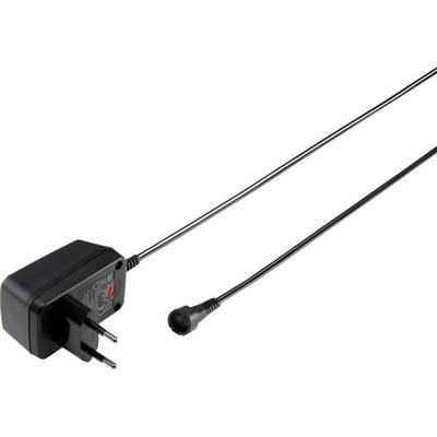 Alimentatore nero con spina europea e cavo lungo, estremità con connettore rotondo, adatto per la ricarica di dispositivi elettronici.