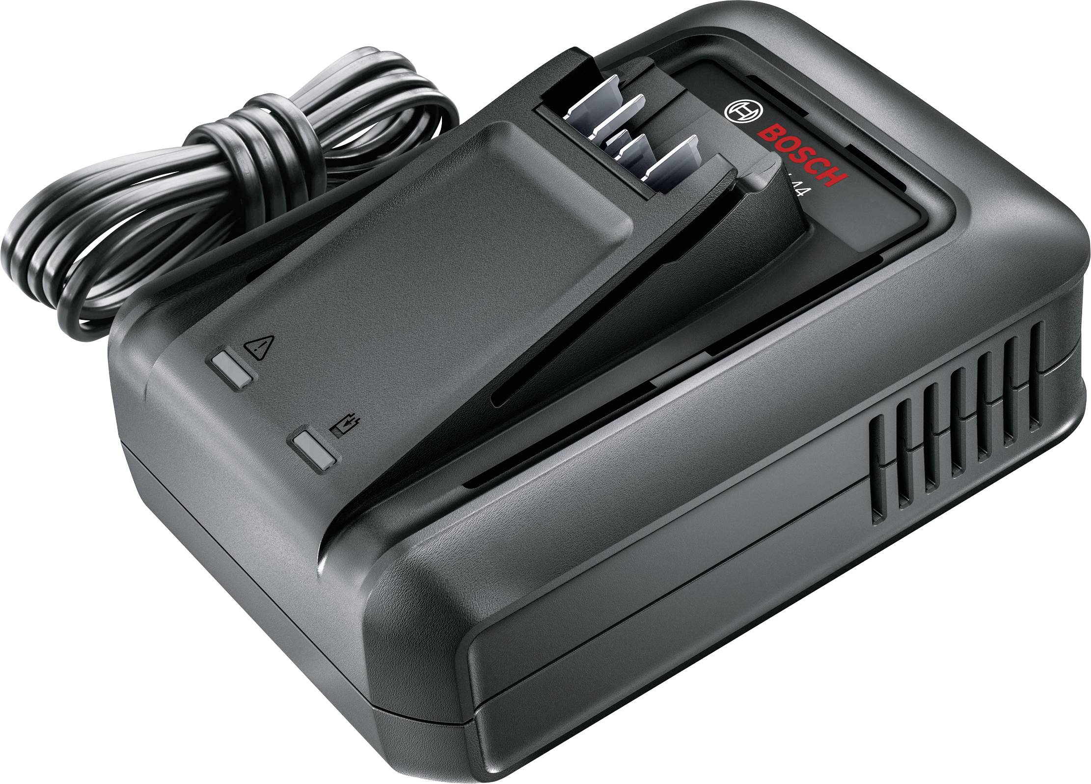 Caricabatterie Bosch nero con cavo di alimentazione collegato e due slot per batterie, mostrato su sfondo bianco.