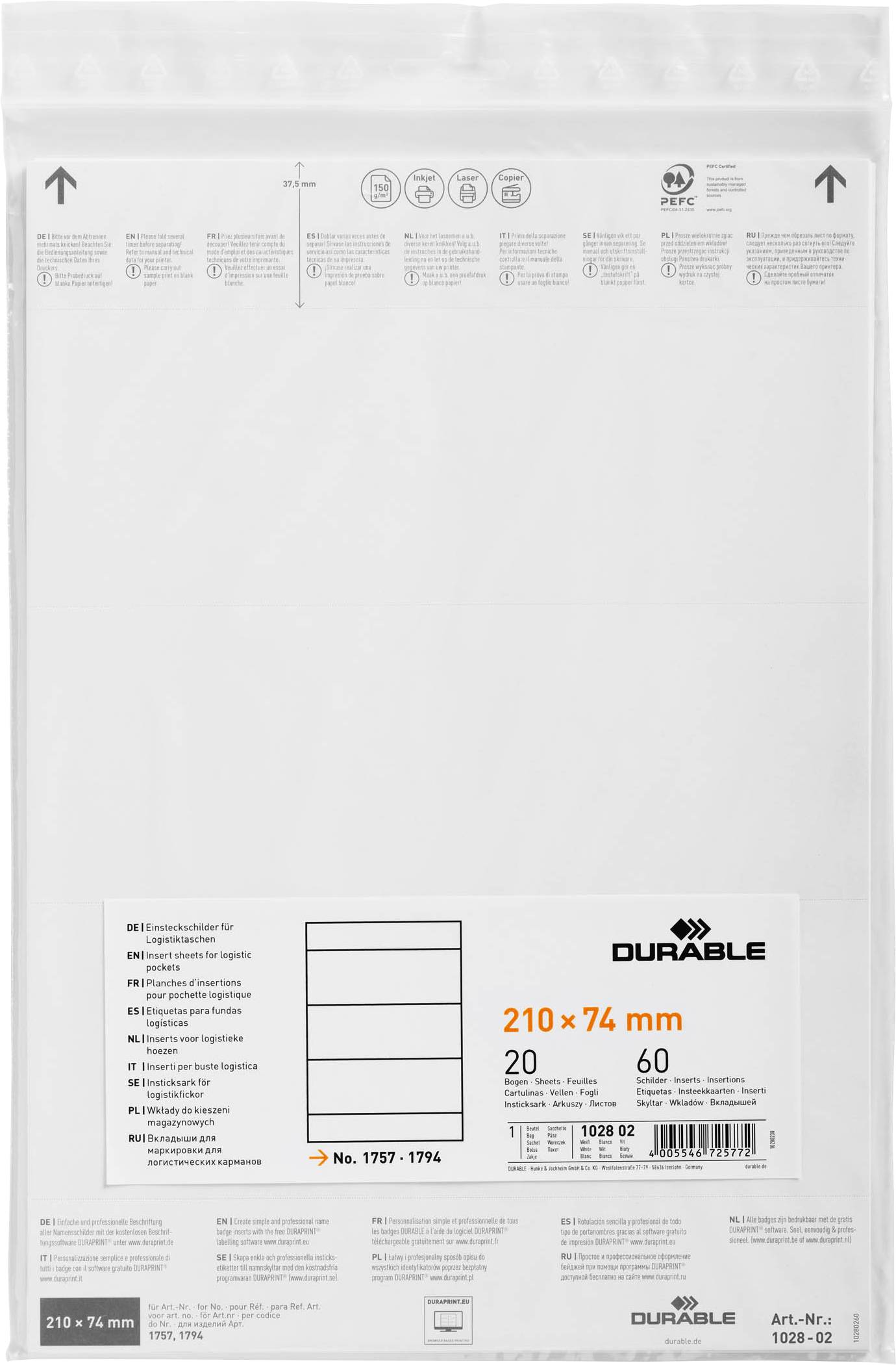 Busta trasparente per etichette, dimensioni 210 x 74 mm, marca Durable, confezione da 20 pezzi, autoadesiva, ignifuga, riciclabile.