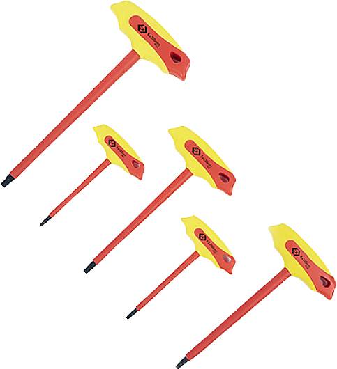 Cinque chiavi inglesi di colore rosso e giallo, di dimensioni diverse, con impugnature ergonomiche, disposte in ordine crescente dalla più piccola alla più grande.