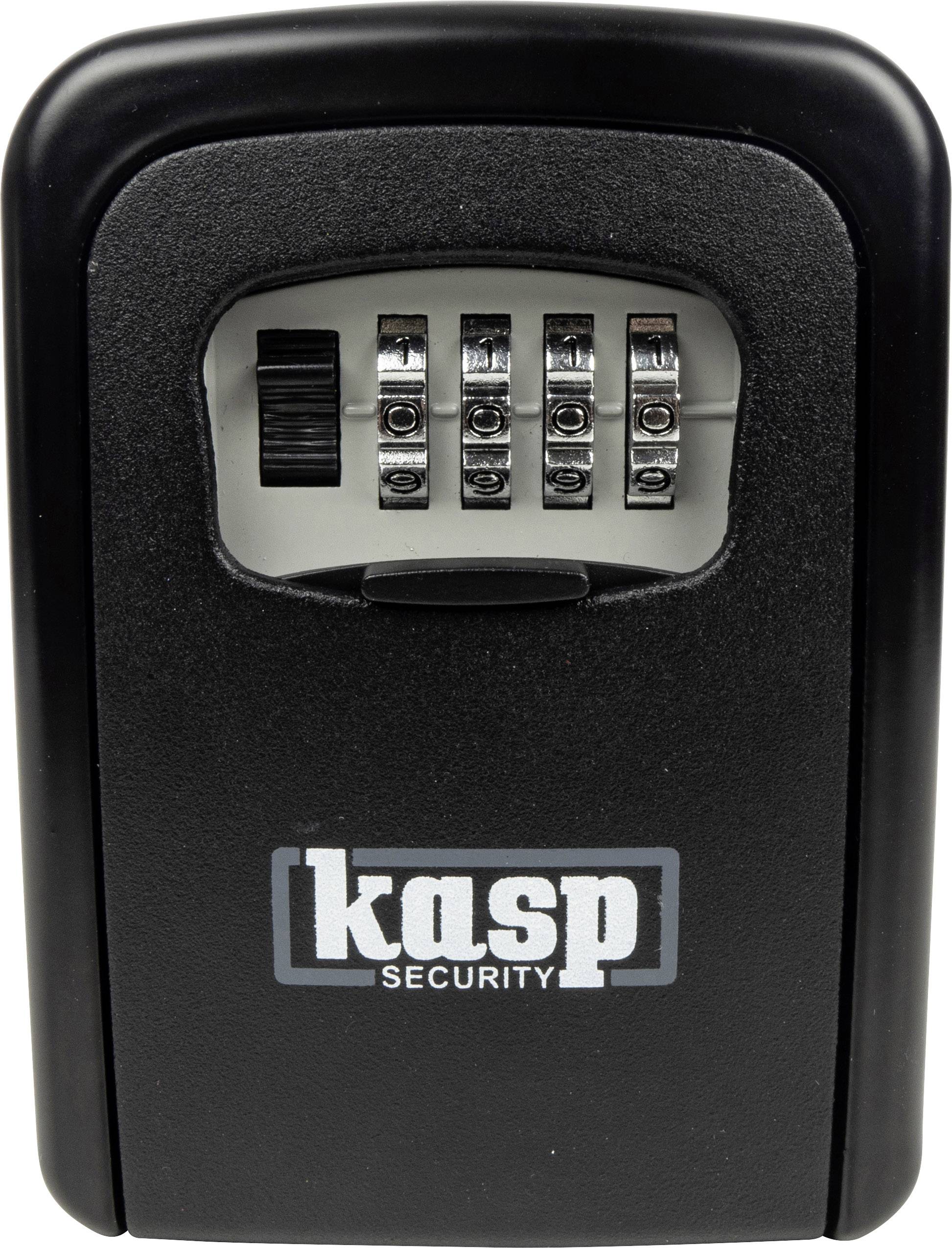 Un contenitore nero per cassetta di sicurezza con quattro ruote dentate argentate e il logo bianco 'kasp SECURITY' sopra.