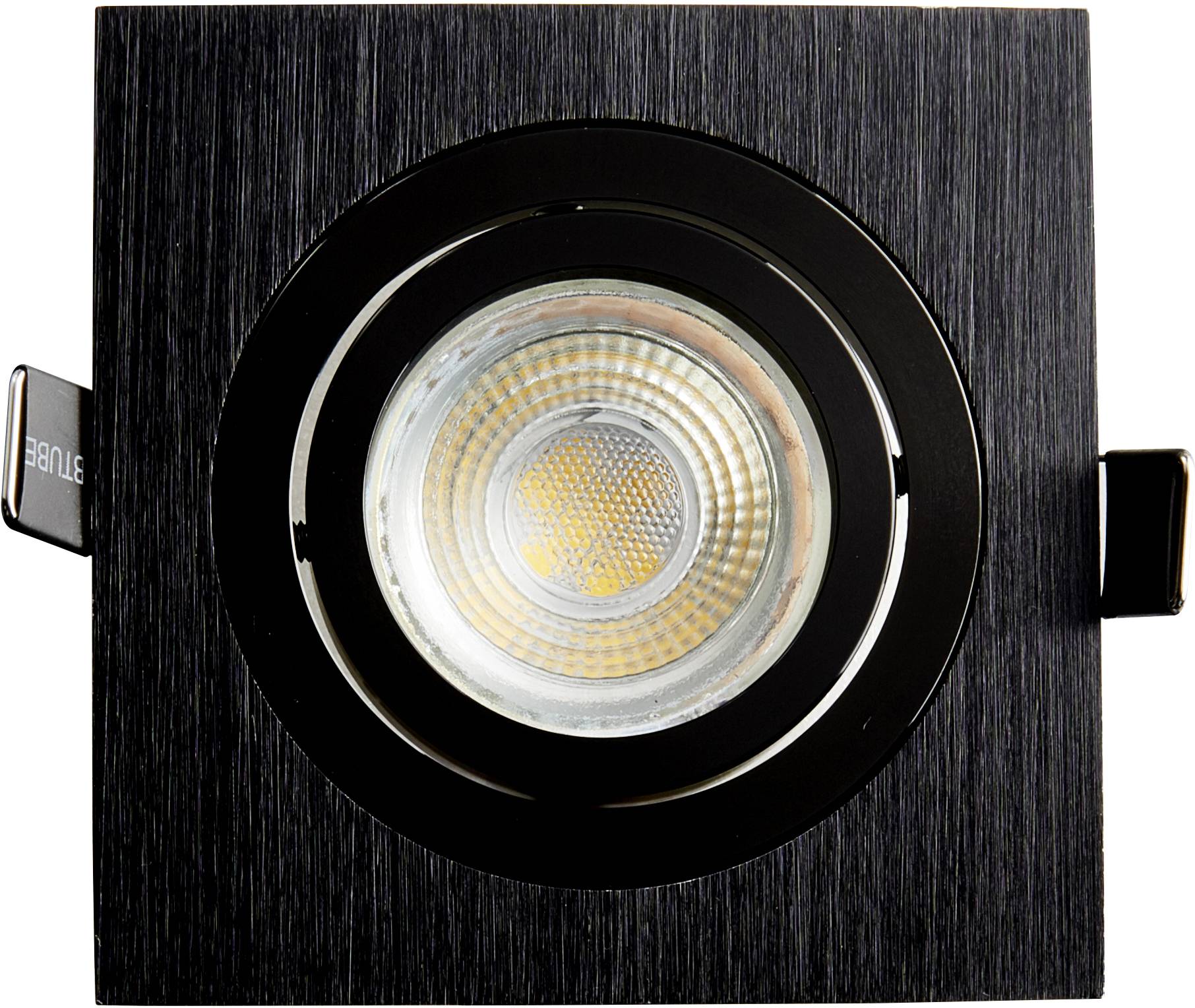 Un faretto LED quadrato in nero. La luce è incorniciata in una cornice metallica ed è ideale per l'illuminazione a soffitto moderna.