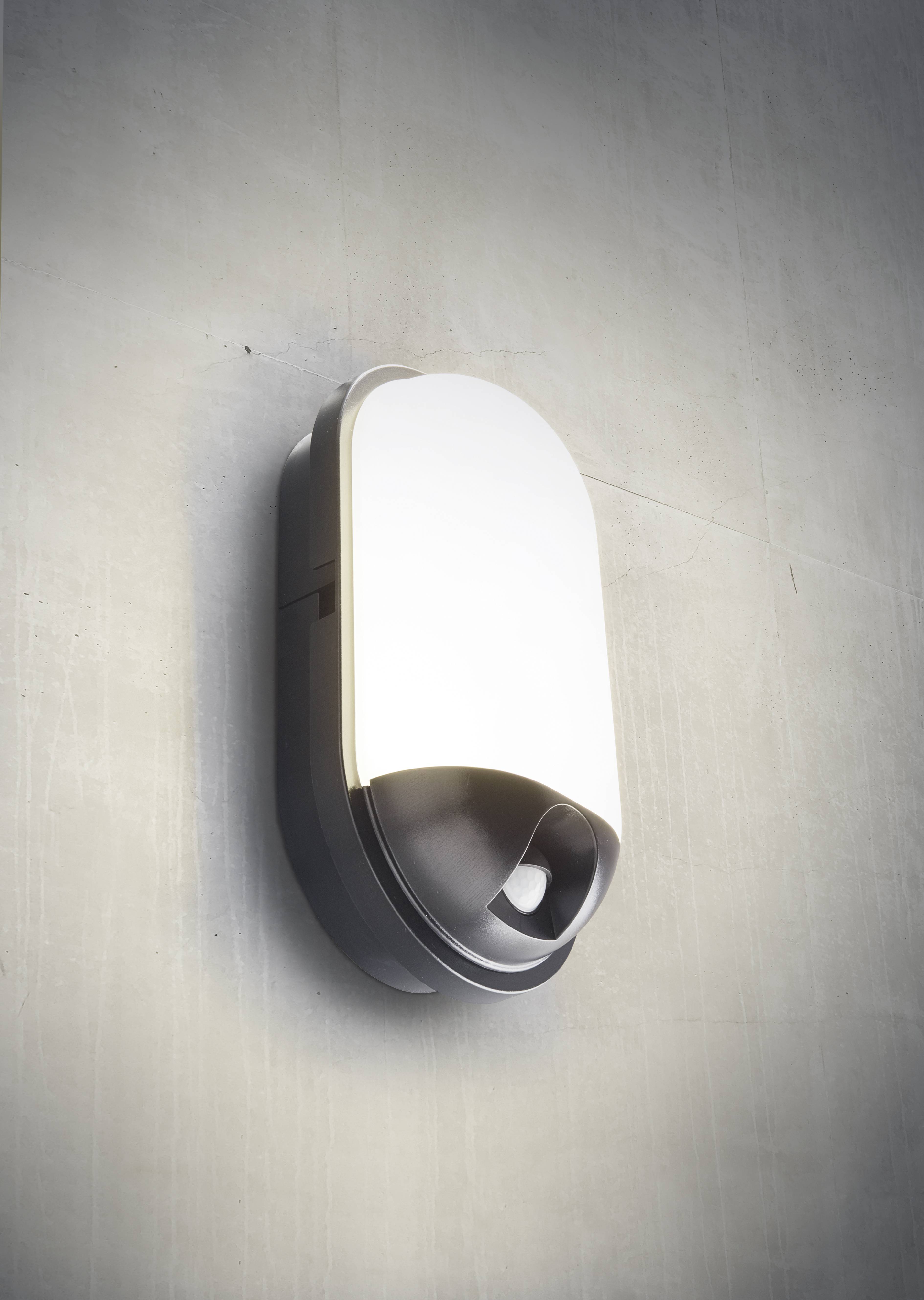 Applique da esterno dal design moderno, con forma ovale e sensore di movimento circolare nella parte inferiore; installata su una parete in cemento.