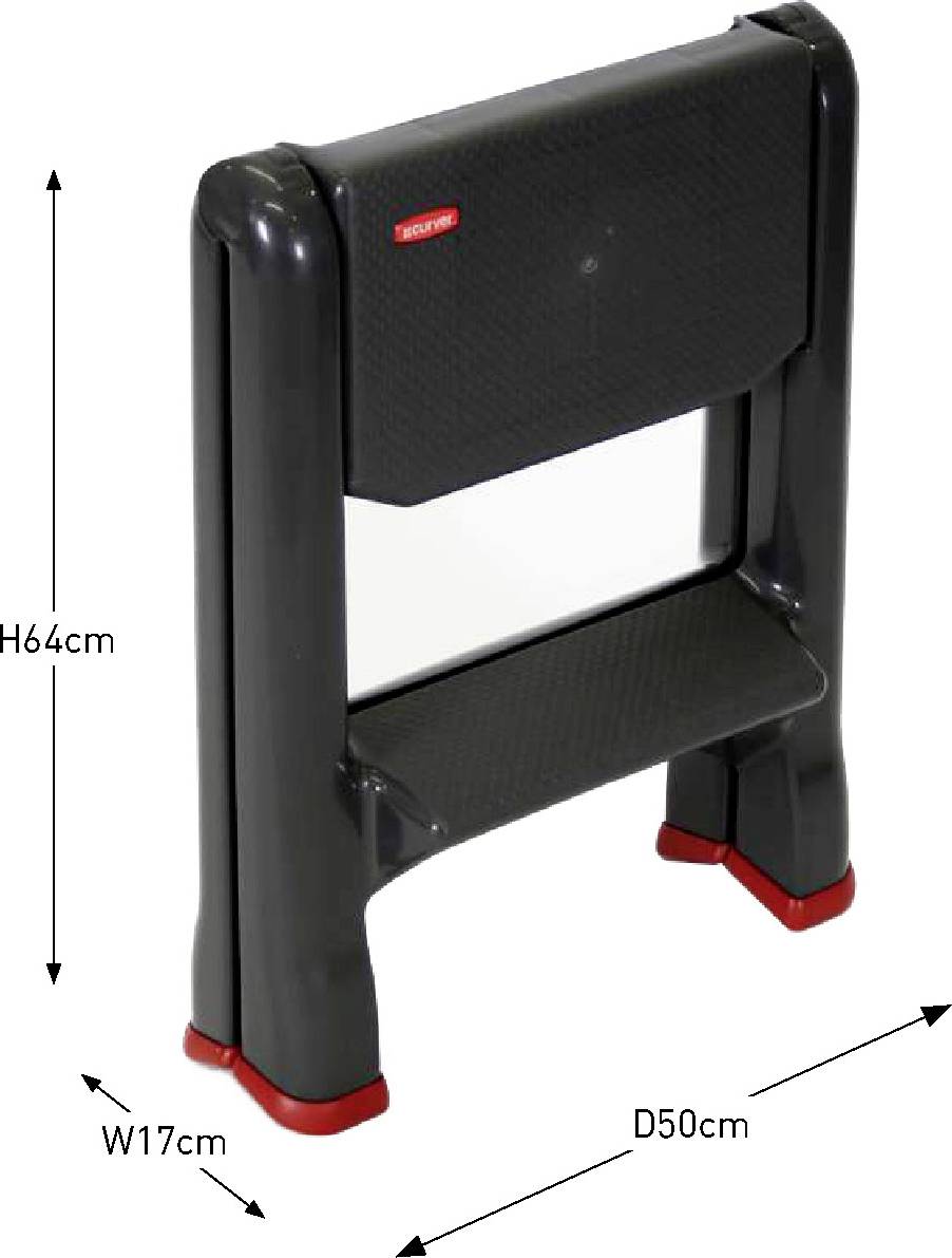 Scaletta pieghevole portatile in nero con accenti rossi, misure: altezza 64 cm, larghezza 17 cm, profondità 50 cm.