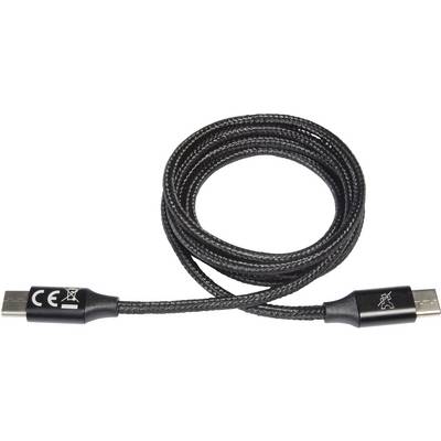 Un cavo di ricarica USB nero con rivestimento in tessuto, che reca il marchio CE e il simbolo del cestino dei rifiuti.