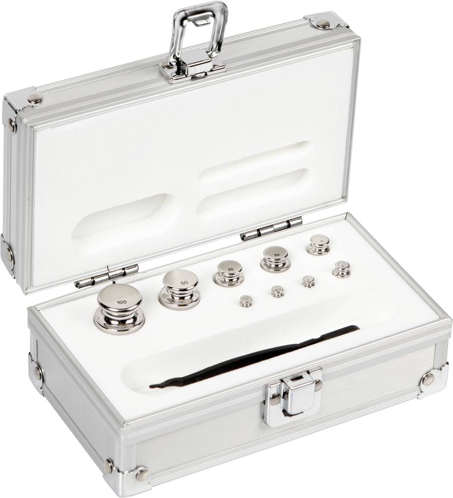 Una valigia aperta contiene un set preciso di pesi in metallo di diverse dimensioni, posizionati in modo sicuro all'interno di inserti in schiuma.