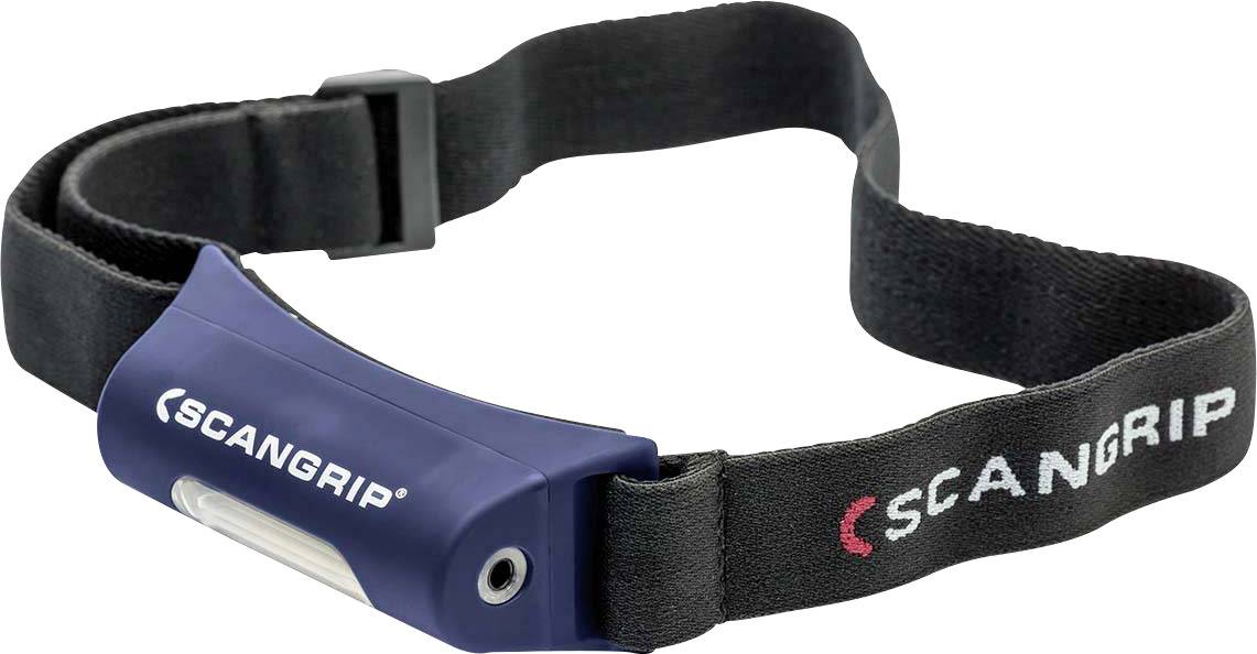 Lampada frontale Scangrip con fascia regolabile nera e luce LED blu. Ideale per lavori che richiedono l'uso delle mani libere.