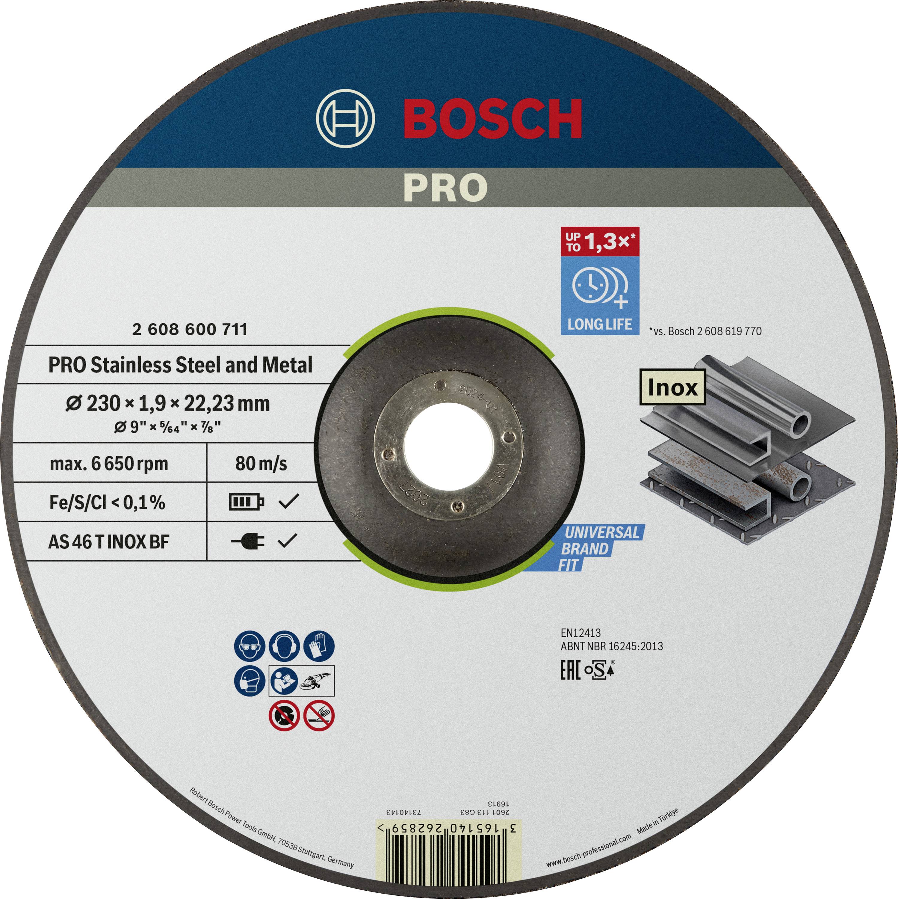 'Disco Bosch per acciaio inossidabile e metallo. Diametro 230 mm, spessore 1,9 mm. Max 6.650 giri/min. Inox, lunga durata.'