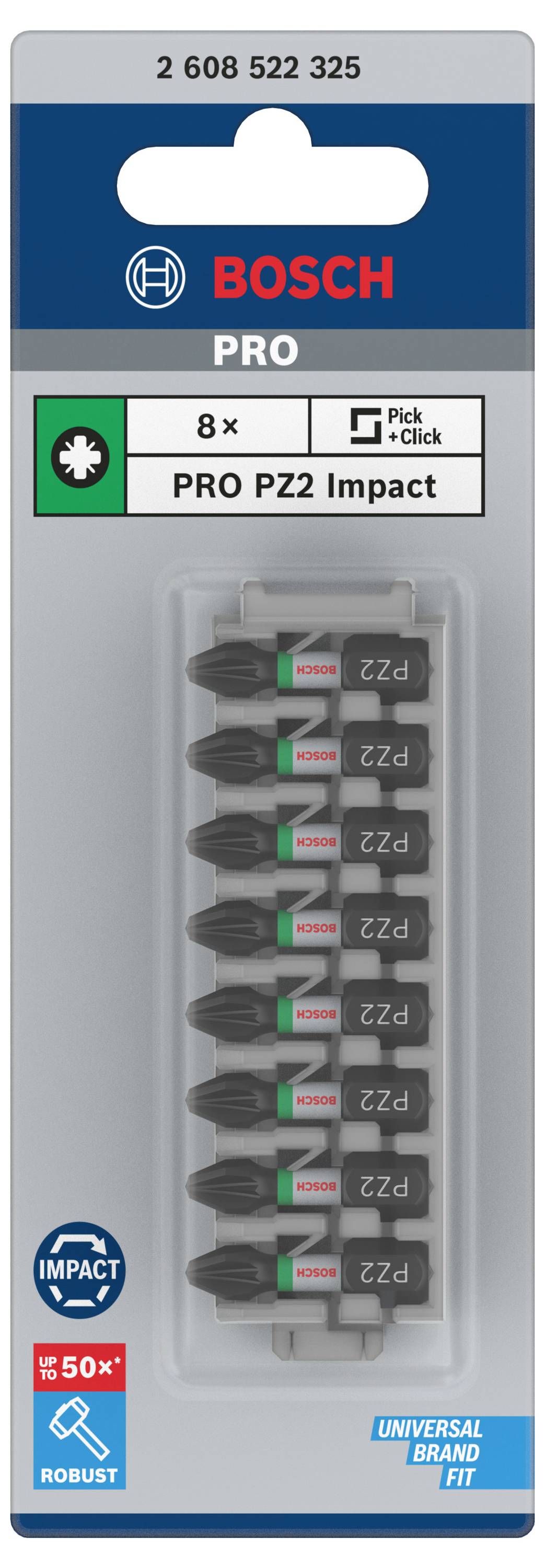 Confezione di punte Bosch PRO PZ2 Impact, 8 pezzi. Adatte per cacciaviti universali. Contiene simboli per durata e precisione di accoppiamento.