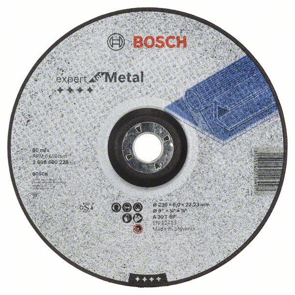 Disco abrasiva con logo Bosch, 'Expert Metal'. 80 m/s, giri al minuto: 6.500, A30T BF. Prodotta in Slovenia.