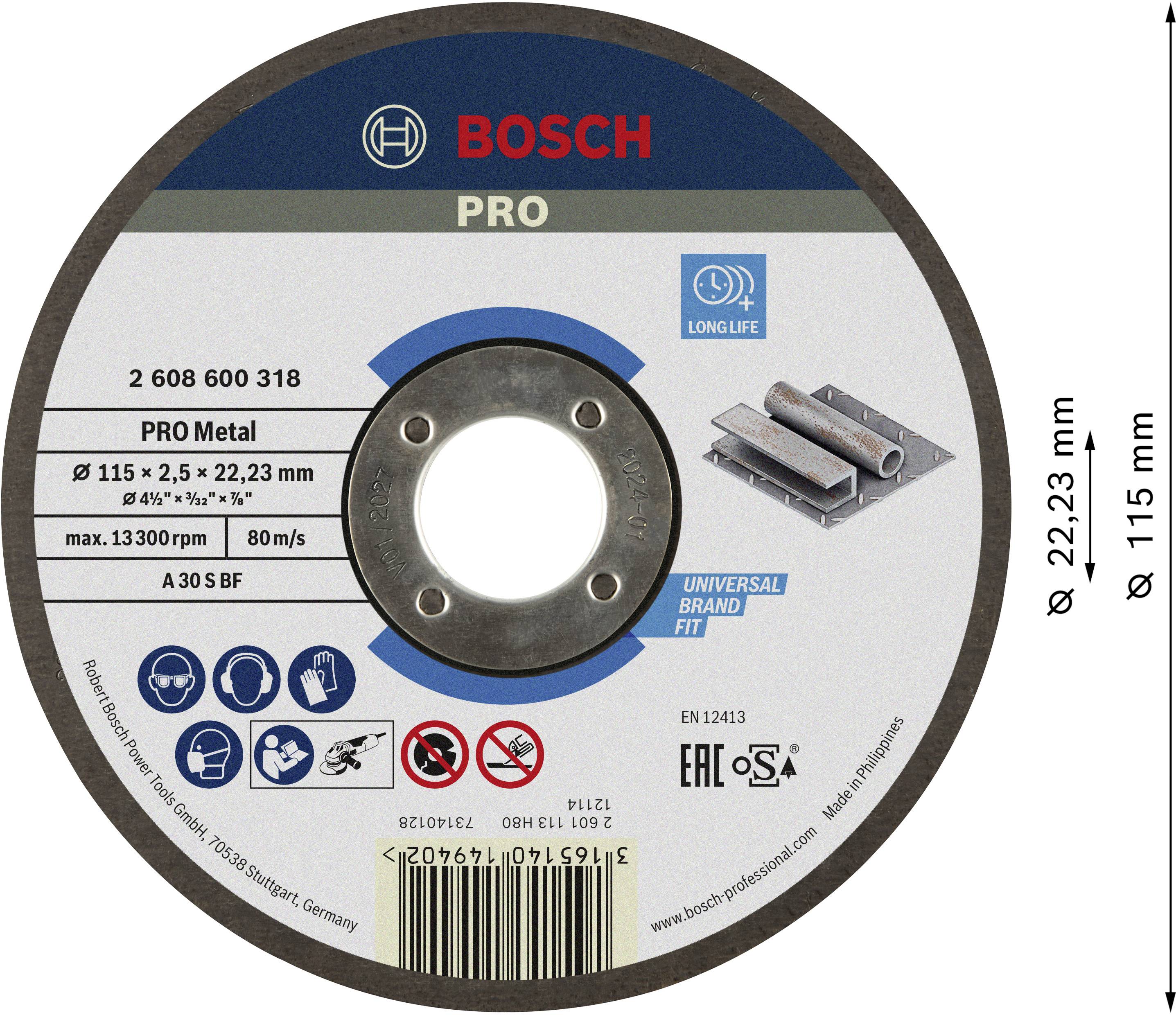 Disco abrasivo 'Bosch PRO', diametro 115 mm, spessore 2,5 mm, adatto per metallo, velocità max. 13.300 giri/min, durevole.