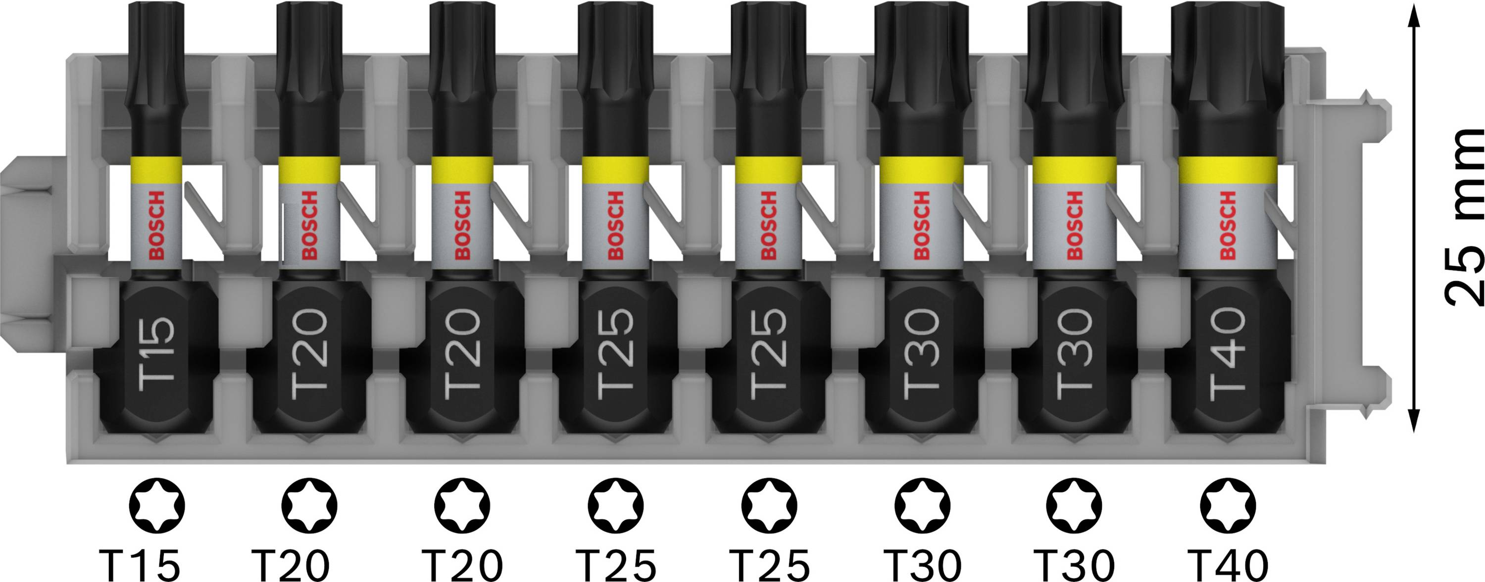 Un set di otto punte per avvitatore Bosch in un supporto. Le punte sono contrassegnate da T15 a T40. Altezza del supporto: 25 mm.