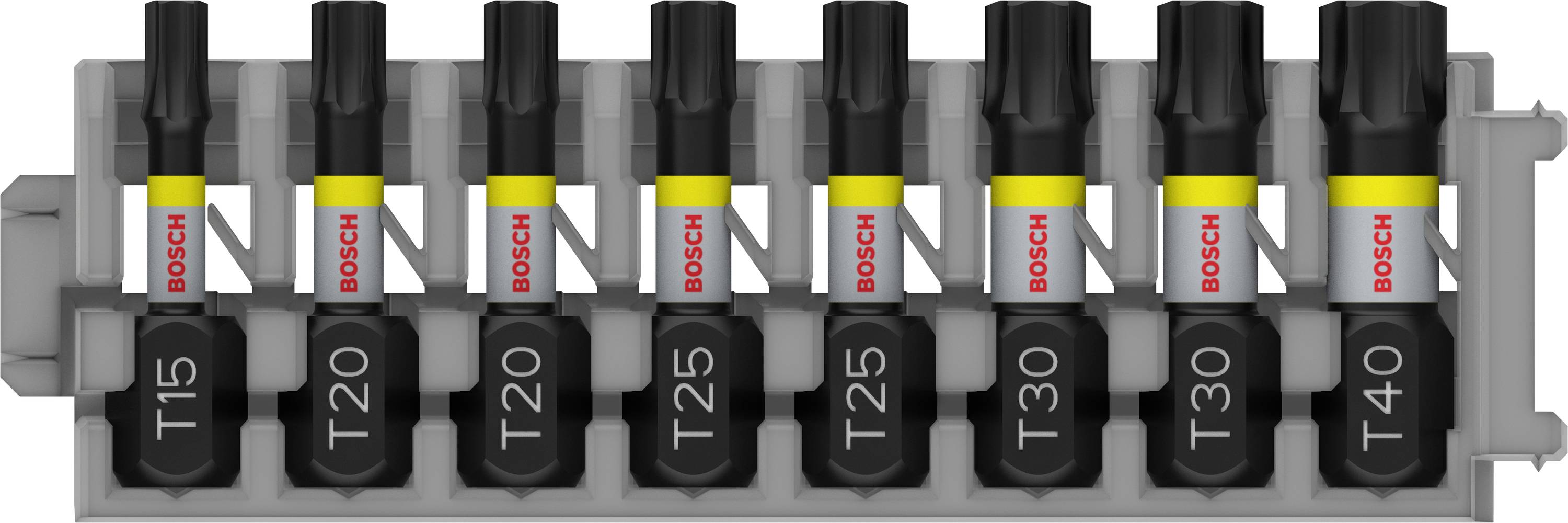 Set di otto inserti per cacciavite Bosch in un supporto con etichette da T15 a T40, con alcune dimensioni presenti in doppia copia.