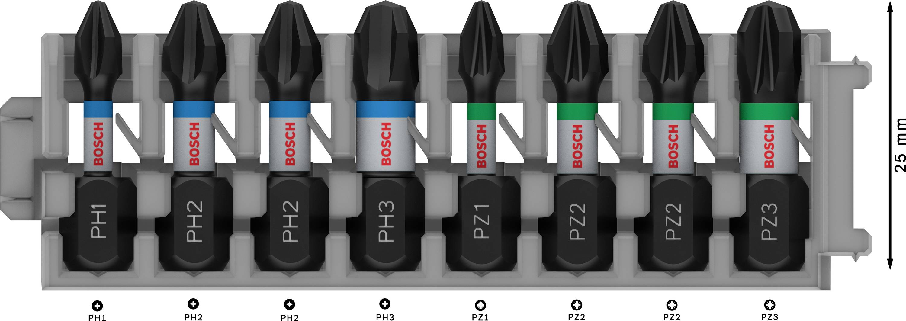 Set di punte con sette inserti per avvitatore in supporto di plastica, contrassegnati con i tipi PH1, PH2, PH3, PZ1, PZ2, PZ3 di Bosch.