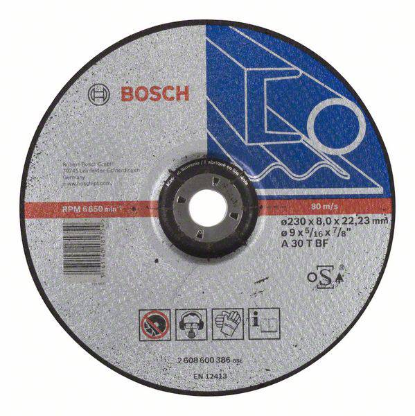 Disco abrasivo Bosch, diametro 230 mm, per lavorazione metalli. Velocità: 80 m/s. Testo: 'Bosch' e specifiche tecniche.