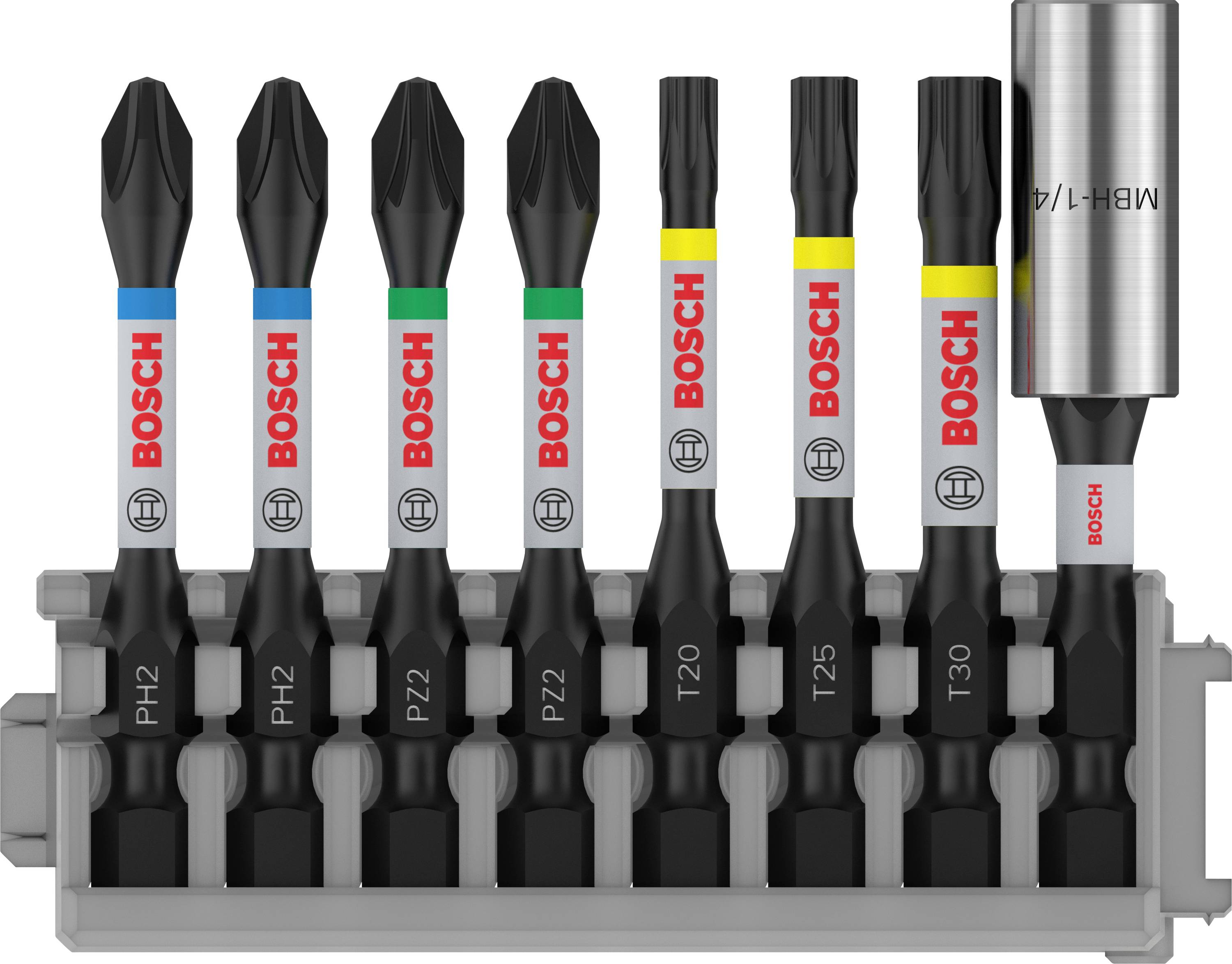 Set di bit per cacciavite Bosch con sette bit in diversi colori per l'identificazione dei tipi. Include supporto e indicazioni delle dimensioni.