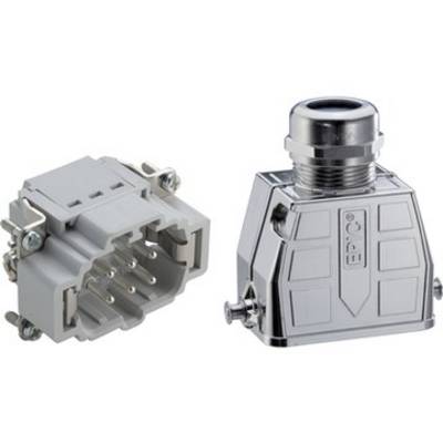 Connettore con alloggiamento rettangolare, mostra un connettore femmina metallico e un connettore maschio in plastica con diversi pin di contatto.