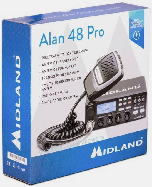 Ricetrasmettitore CB Midland Alan 48 Pro in confezione originale. Include microfono e pannello di controllo con display LCD. Per trasmissioni AM/FM.