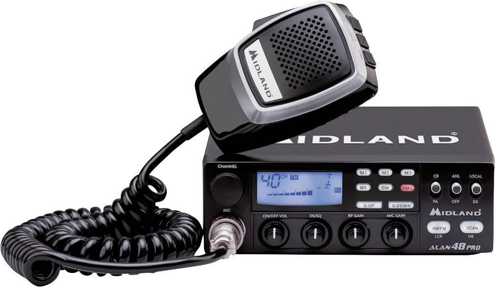 Ricetrasmettitore CB 'Midland Alan 48 Pro' con microfono. Il display mostra il canale 40. Pulsanti e manopole per le impostazioni visibili.