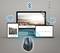 Mouse Bluetooth che si connette contemporaneamente a tablet, laptop e schermo. I simboli di WLAN e Bluetooth evidenziano la funzione wireless.