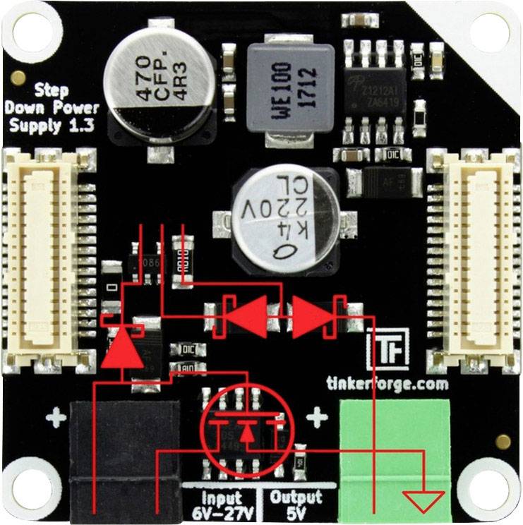 Scheda elettronica di un modulo di alimentazione Step-Down con etichette e componenti del circuito evidenziati in rosso.