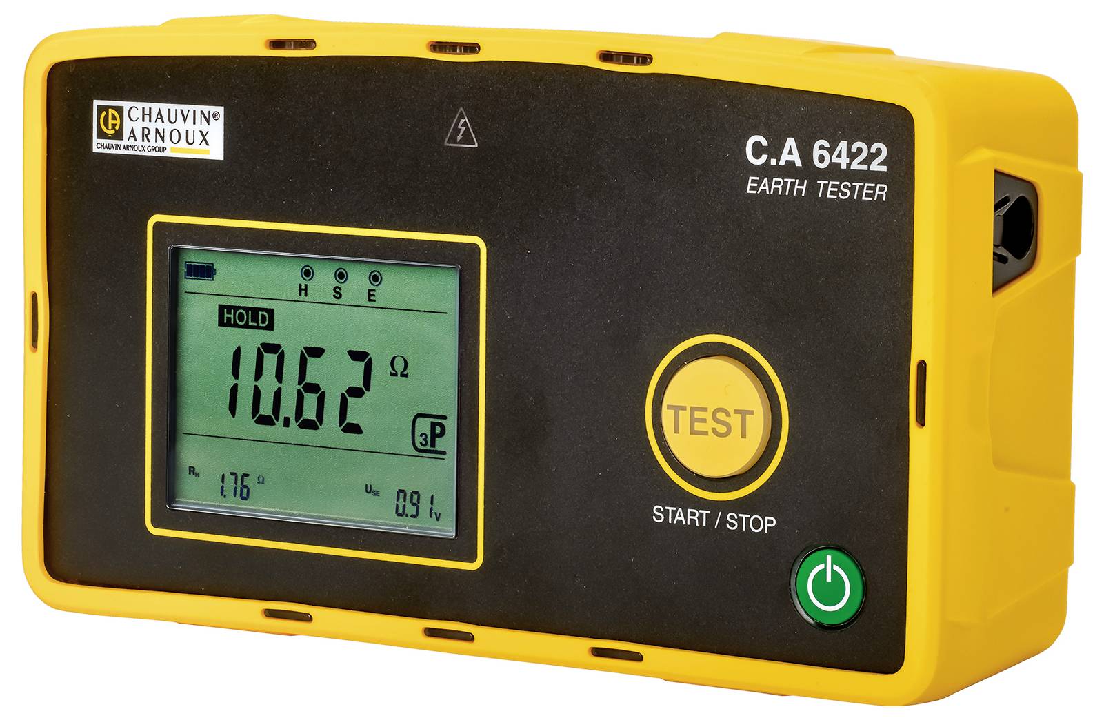 Dispositivo di misurazione della messa a terra giallo con display digitale che mostra '10,62 Ω'. Pulsanti per 'Test' e 'Start/Stop'. Utilizzato per il controllo della messa a terra.